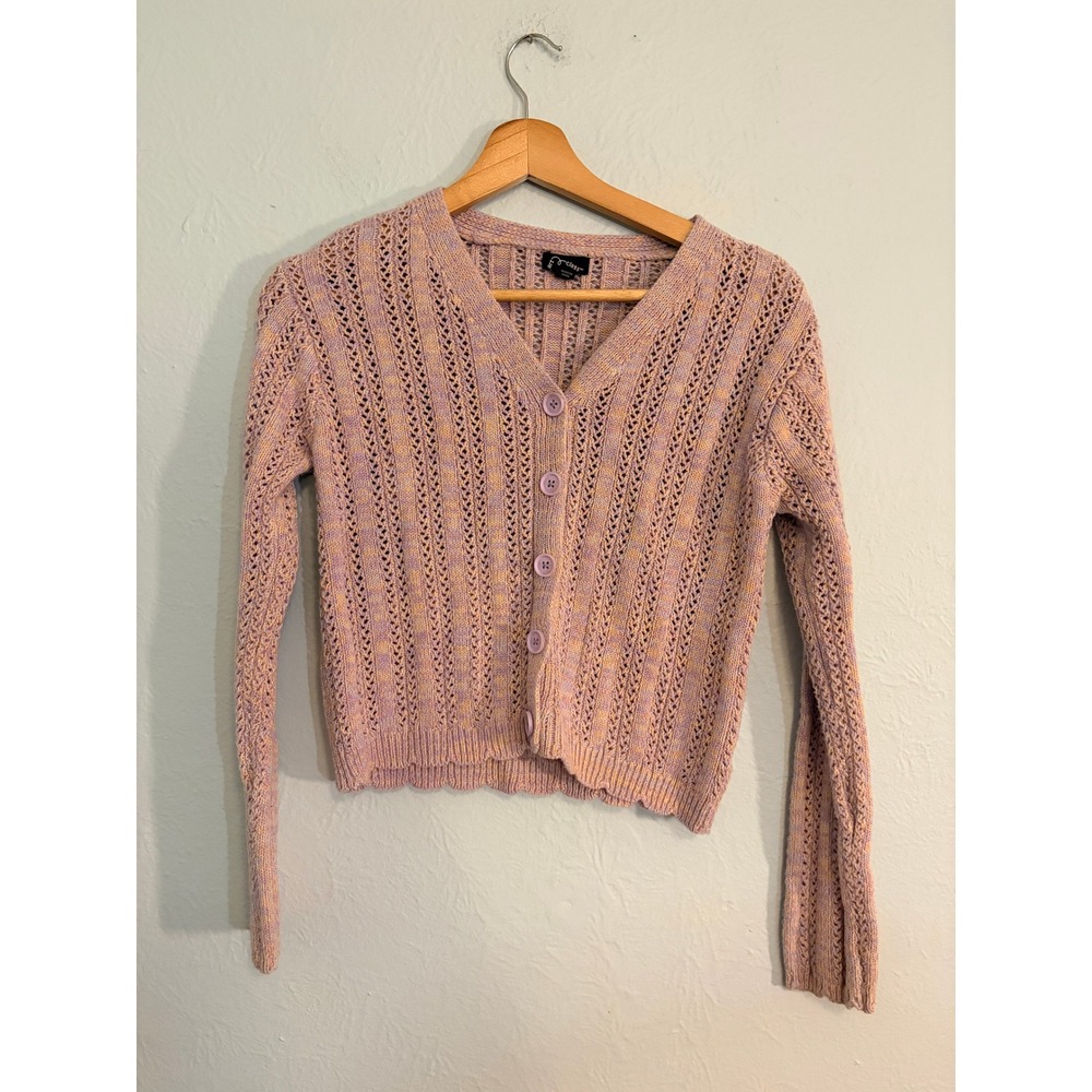 Art Class Cardigan Girl's XL 14 Purple Space Dye Open Knit V-Neck Sweater School